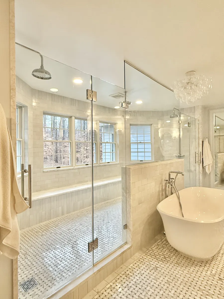 In-line panel frameless glass shower enclosure, polished chrome hardware, Glass Shower Door Double Sided
