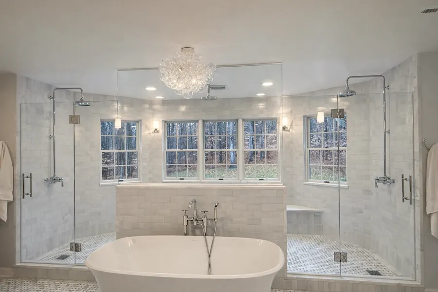 In-line panel frameless glass shower enclosure, polished chrome hardware, Glass Shower Doors