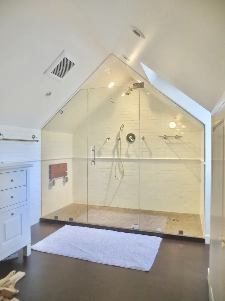 In-line panel frameless glass shower enclosure, Shower Door with Angled Ceiling