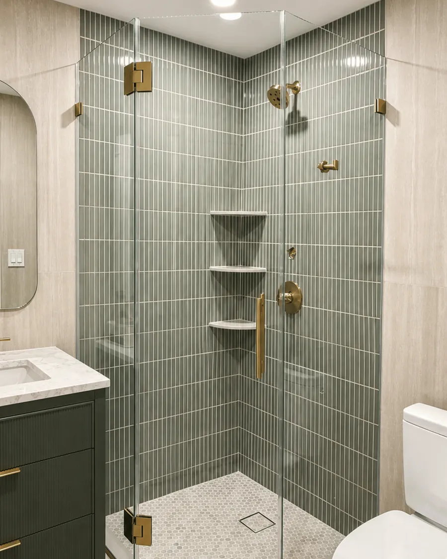 Neo angle frameless glass shower enclosure, satin brass hardware, green tile