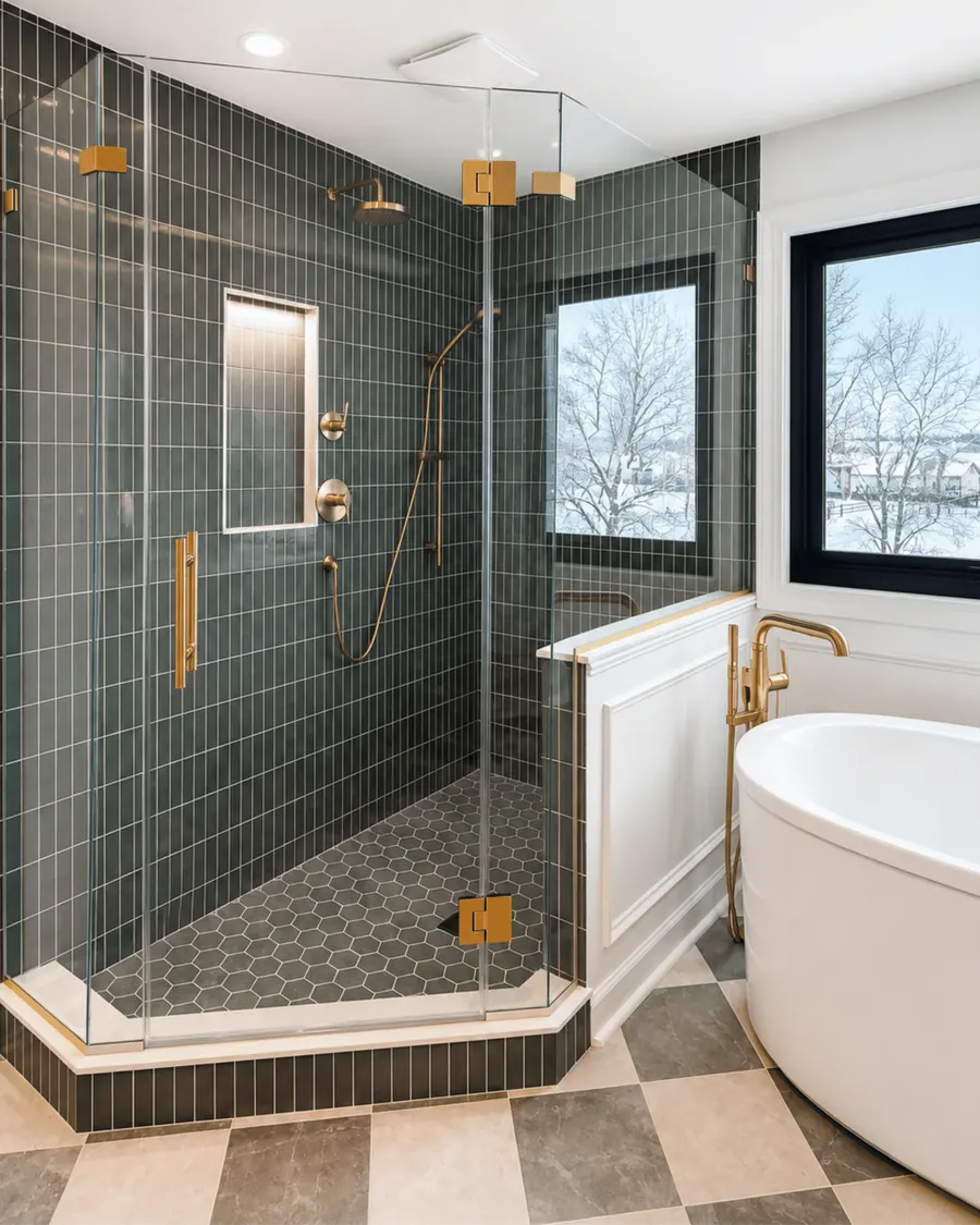 Neo angle frameless glass shower enclosure, satin brass hardware, with a notched panel