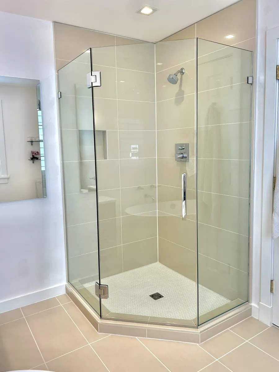 Neo angle frameless glass shower enclosure, polished chrome hardware, frameless Neo Angle Shower Door