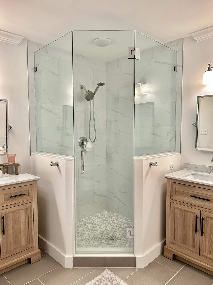 Neo angle frameless glass shower enclosure, nickel hardware, Frameless Neo Angle Corner Shower Door