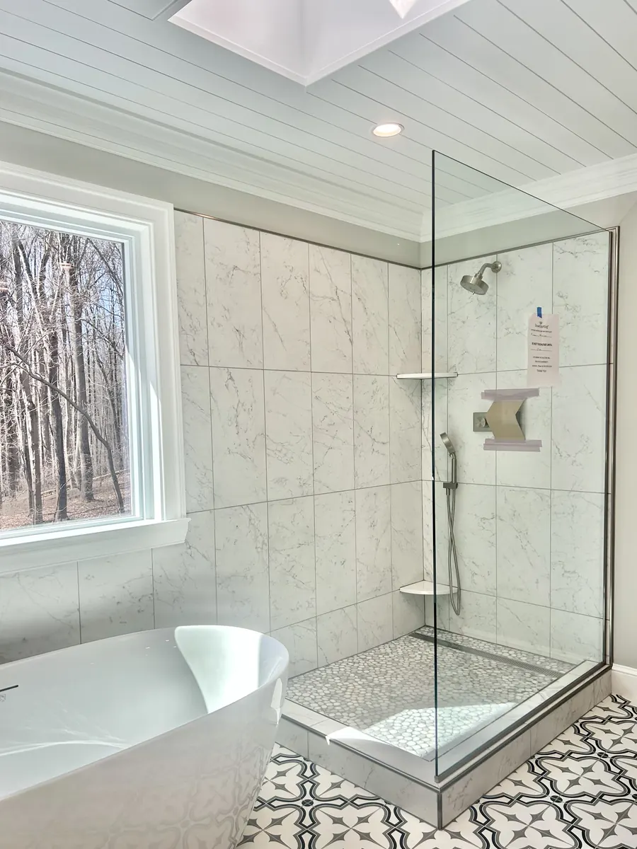 Walk-in frameless glass shower enclosure, nickel hardware, Glass Spray Panel Shower Glass
