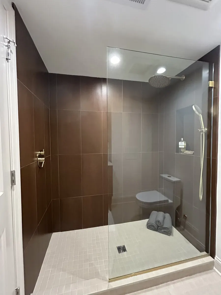 Walk-in frameless glass shower enclosure