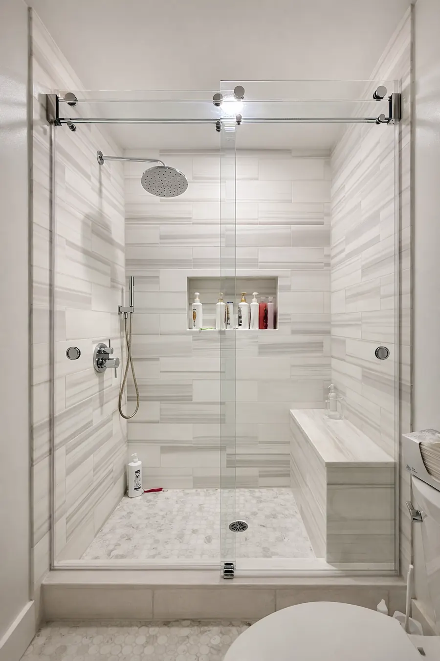 Phantom series frameless sliding shower door, polished chrome hardware