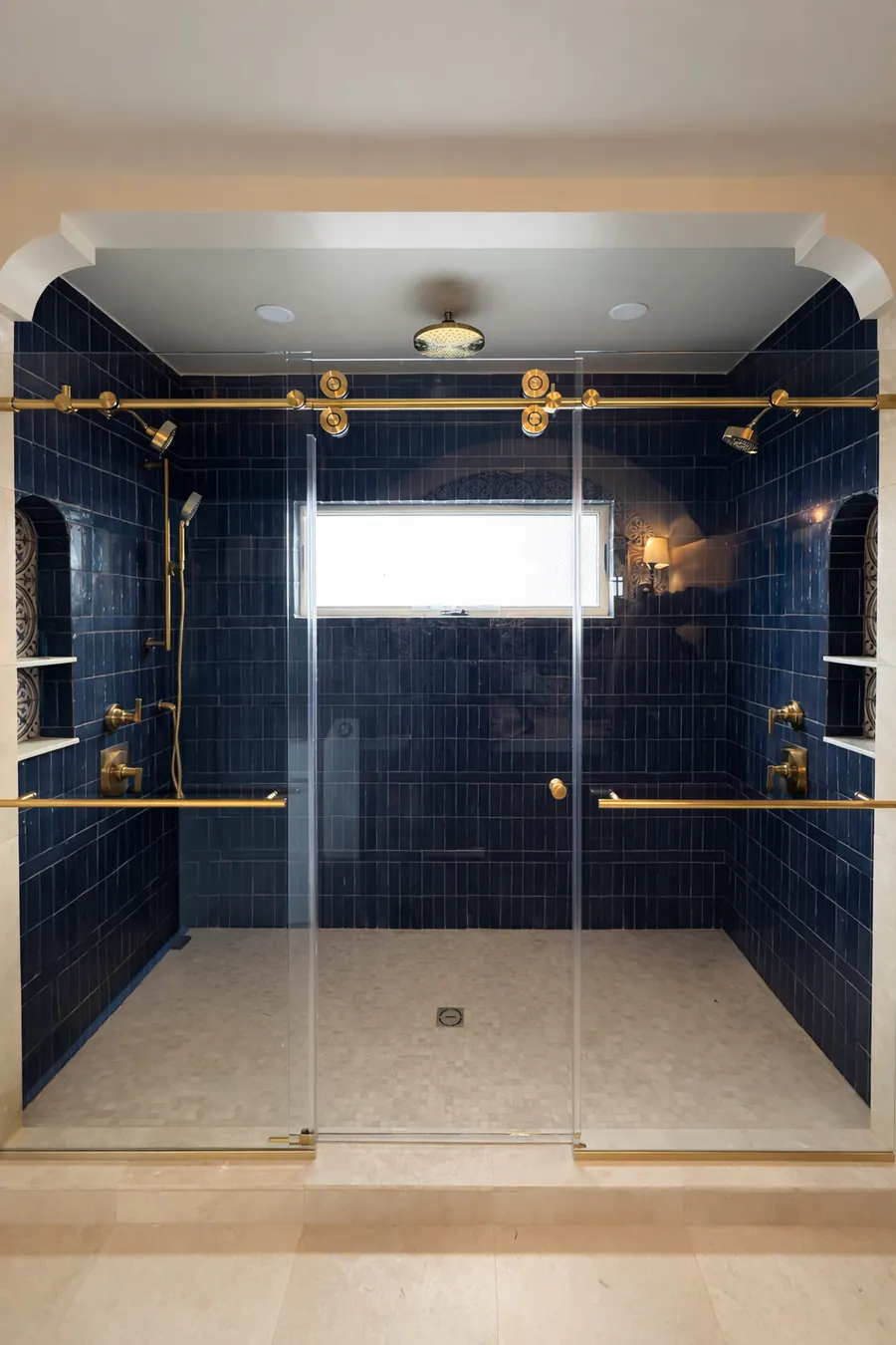Titan series frameless sliding shower door, satin brass hardware