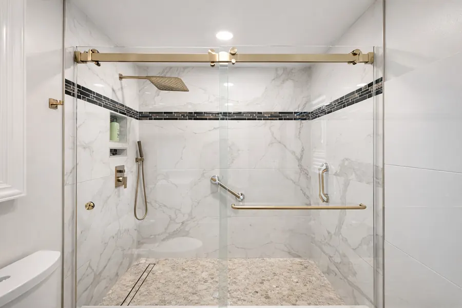 Titan Duo series frameless sliding shower door, satin brass hardware, Dual Sliding Door (1)