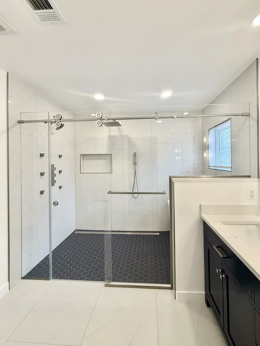 Titan series frameless sliding shower door, nickel hardware, in-line panels
