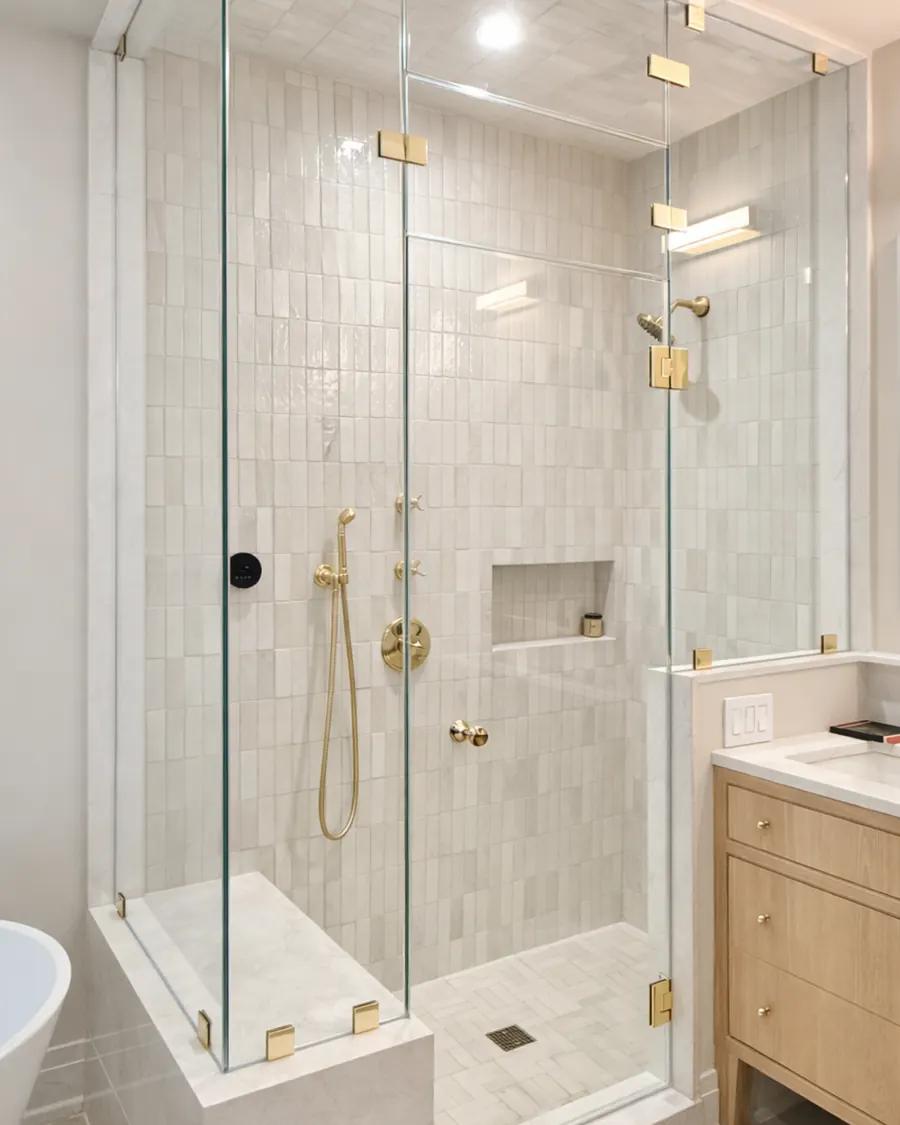 Steam shower enclosure, satin brass hardware