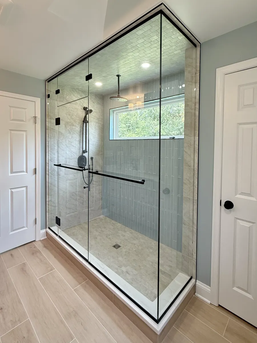 Steam shower enclosure, matte black hardware, transom, 90 degree