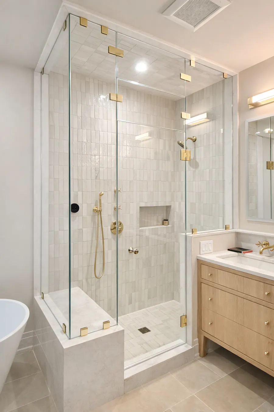 Steam shower enclosure, satin brass hardware, double transom