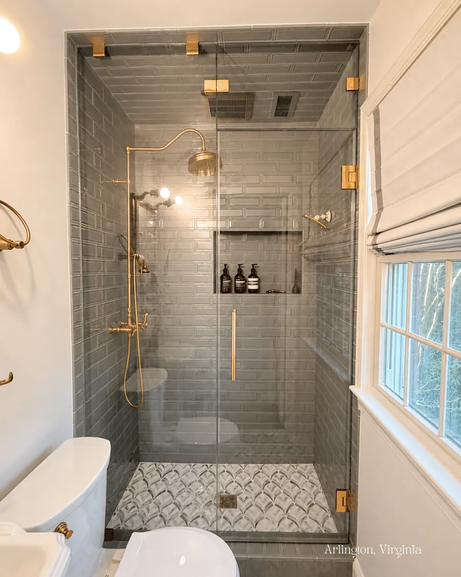 Steam shower enclosure, satin brass hardware, transom