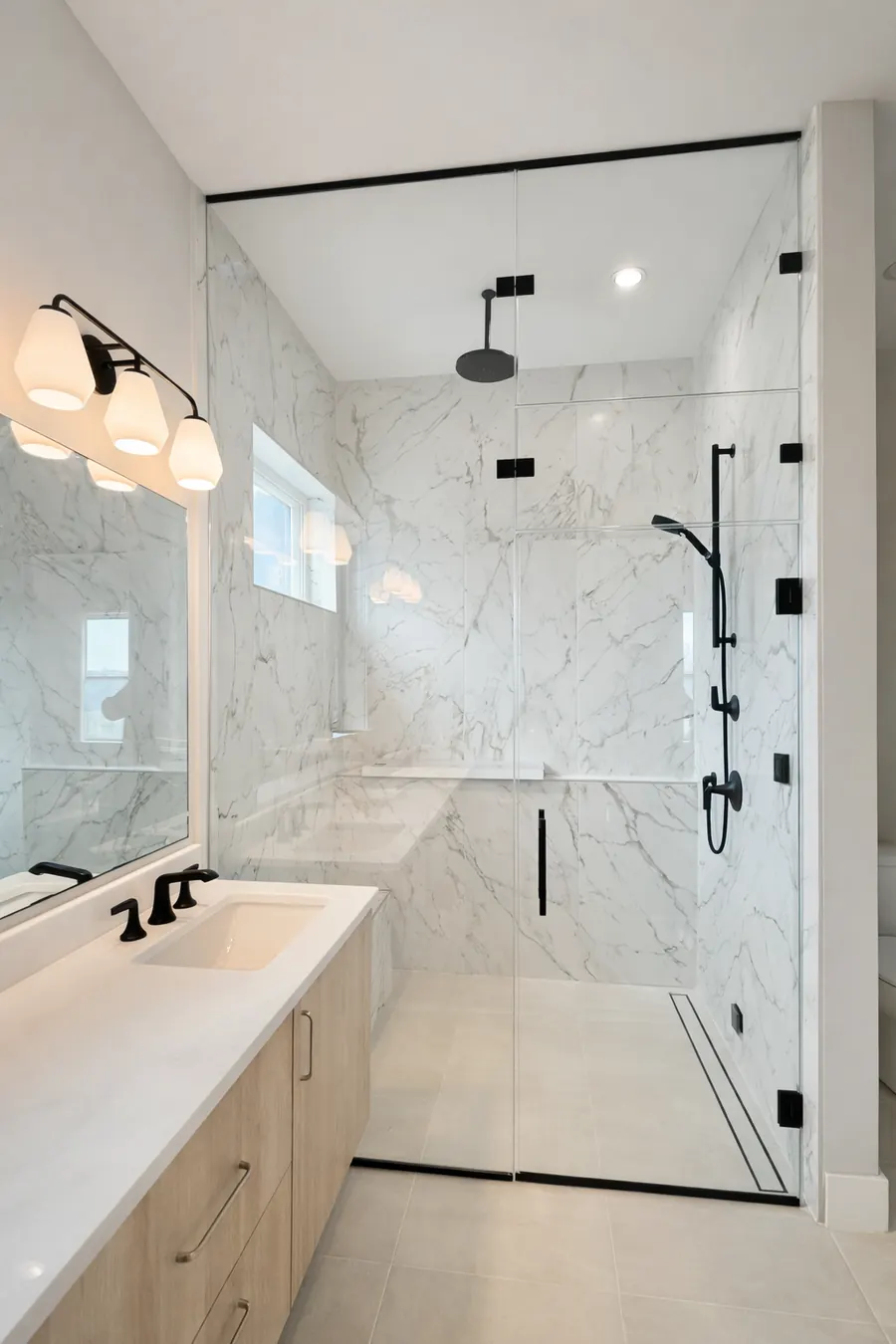 Steam shower enclosure, matte black hardware, double transom