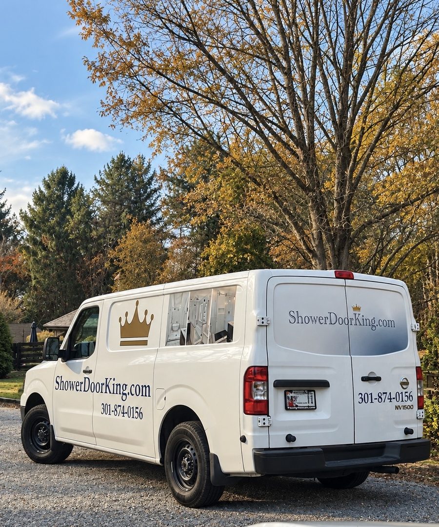 A ShowerDoorKing van loaded with glass on a job